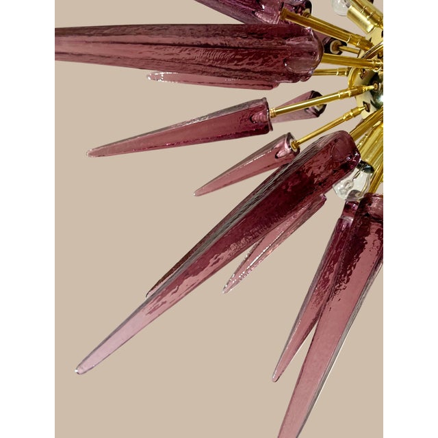 2020s Hand-Blown Murano Glass Sputnik Chandelier, 51 Clear and Amethyst Tips, Brass Frame For Sale - Image 5 of 5