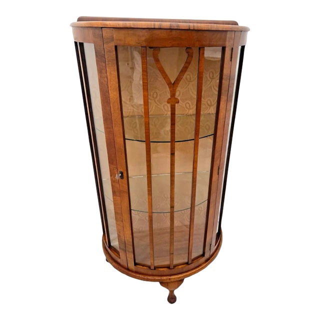 1920s Art Deco China Cabinet Curio Curved Locking Door Two Glass Shelves Lighted For Sale