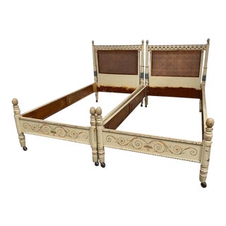 Pair of Vintage French Country Hand Painted Cane Twin Bed Frames Headboards For Sale