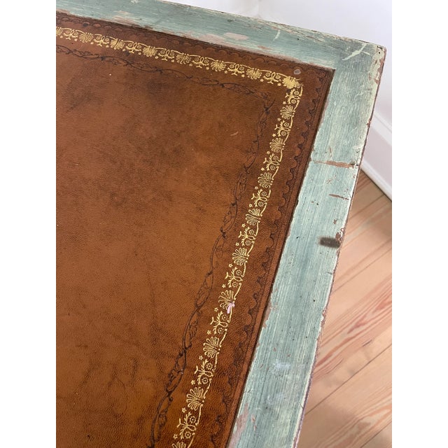 1990s 1990s Vintage French Empire Distressed Green Patina and Leather Tooled Inset Side Table For Sale - Image 5 of 9