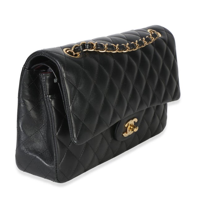 Traditional Black Quilted Lambskin Medium Classic Double Flap Bag For Sale - Image 3 of 9