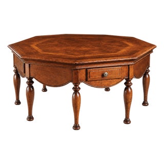 Handcrafted Italian Walnut Burl & Cherry Inlaid Octagonal Coffee Table With Four Drawers For Sale