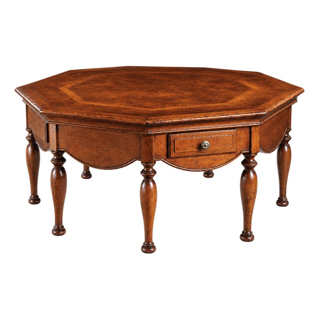 Handcrafted Italian Walnut Burl & Cherry Inlaid Octagonal Coffee Table With Four Drawers For Sale