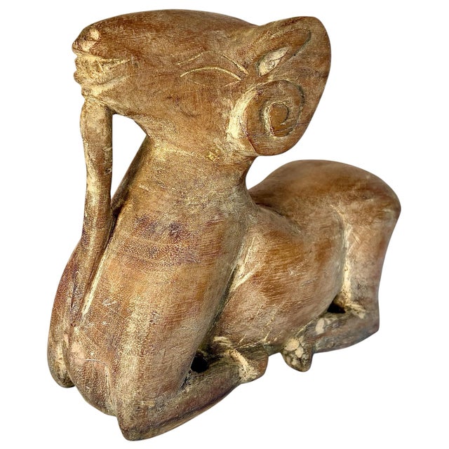 Wood Carved Stylized Ram Sculpture Tribal-Inspired Folk Art For Sale - Image 4 of 9