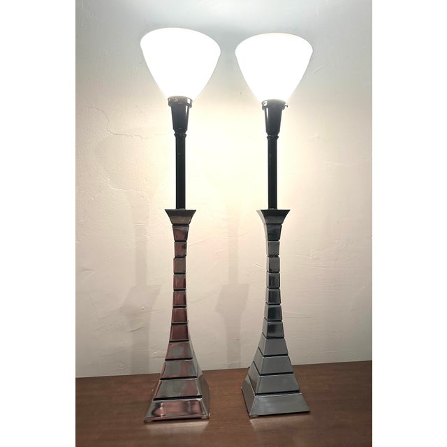 Metal Modernist Polished Chrome Hour Glass Sectional Lamps - a Pair For Sale - Image 7 of 8