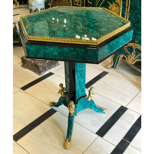 French French-Inspired Geometric Center Table – Green Marbled Finish, Gold Leaf Trim & Sculptural Gilded Details For Sale - Image 3 of 5