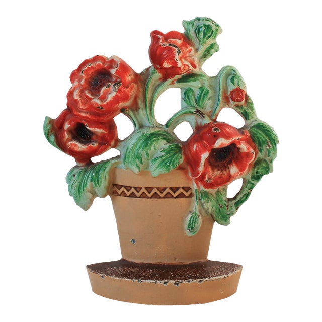 Vintage Cast Iron Floral Poppies Basket Doorstop For Sale