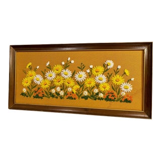 Framed Embroidered Daisy Textile For Sale