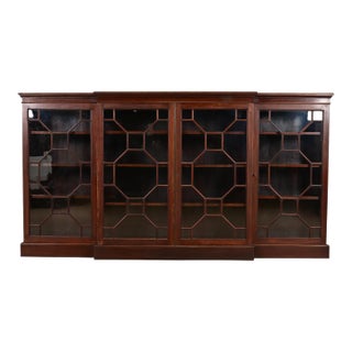 Antique Georgian Carved Mahogany Breakfront Bookcase Cabinet, Circa 1900 For Sale