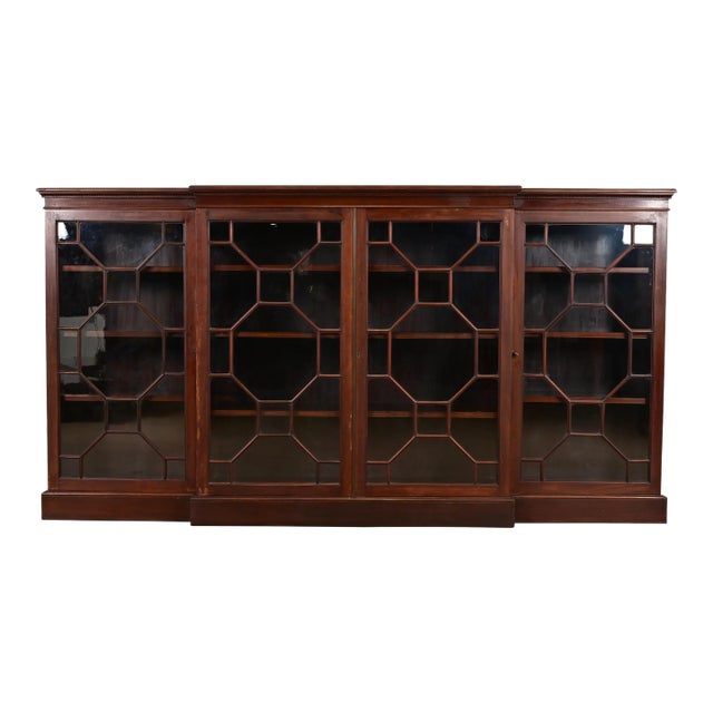 Antique Georgian Carved Mahogany Breakfront Bookcase Cabinet, Circa 1900 For Sale