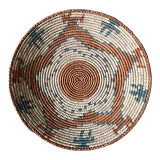 African Coiled Straw Basket, 13.5 In. Diameter, Natural, Rust and Teal For Sale