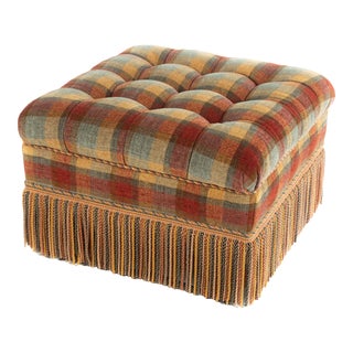 Vintage Plaid Tufted Ottoman With Bullion Fringe For Sale