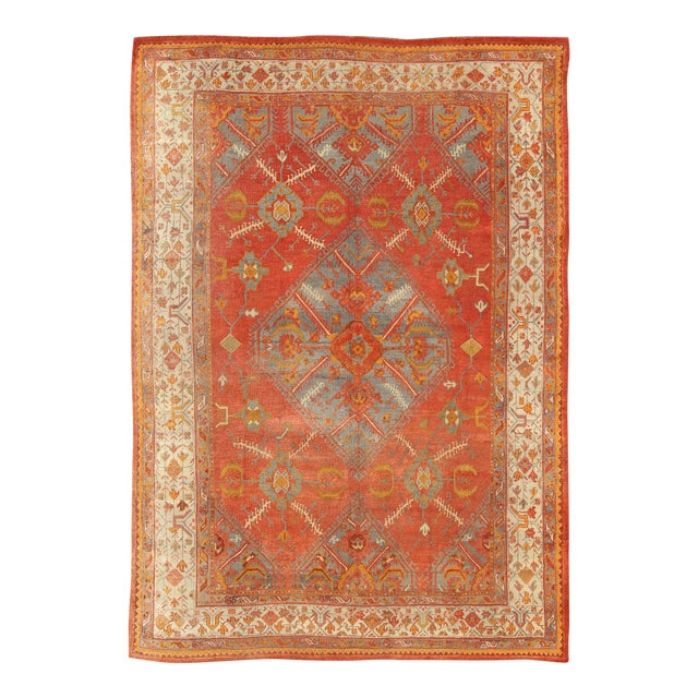 Antique Turkish Oushak Rug With Tribal Medallion Design in Terracotta and Blue 10'0 X 13'8 For Sale