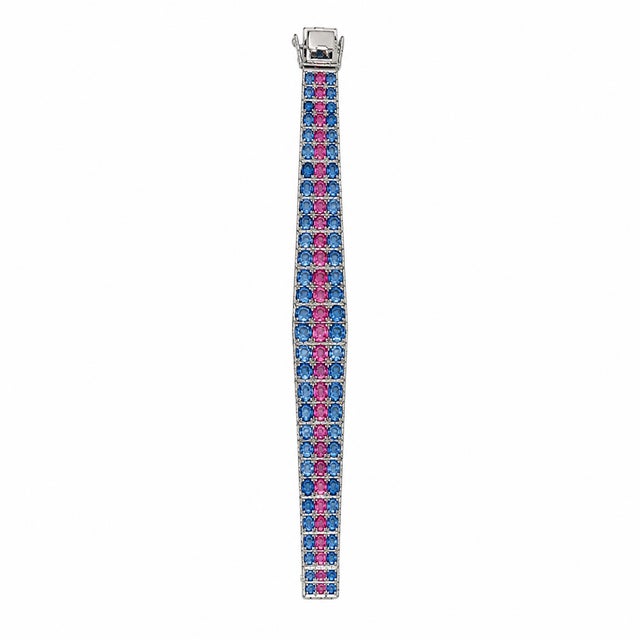 Contemporary Natural Pink and Blue Sapphire Silver Tennis Bracelet For Sale - Image 3 of 3