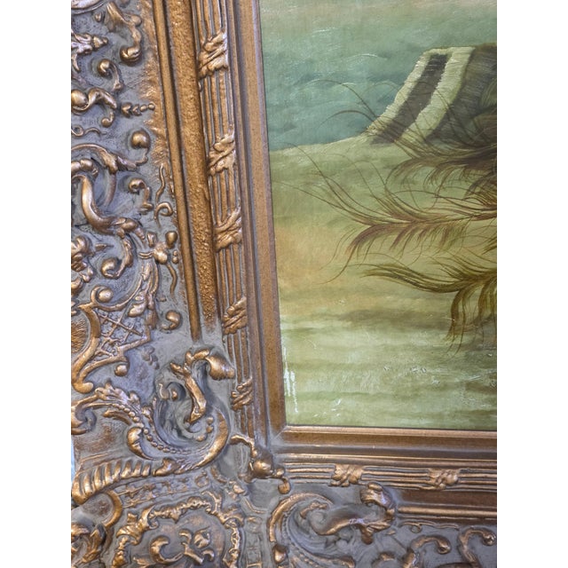 Textile Late 19th Century Ornate Framed Peacock Oil Painting on Canvas, Signed 49" W × 62" H For Sale - Image 7 of 7