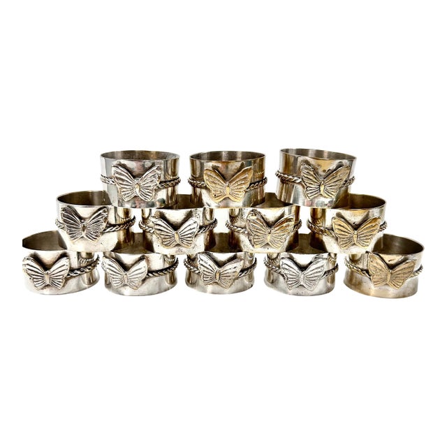 Vintage Butterfly Napkin Rings – Silver Sculptural Spring Garden Party Tabletop Decor - Set of 12 For Sale