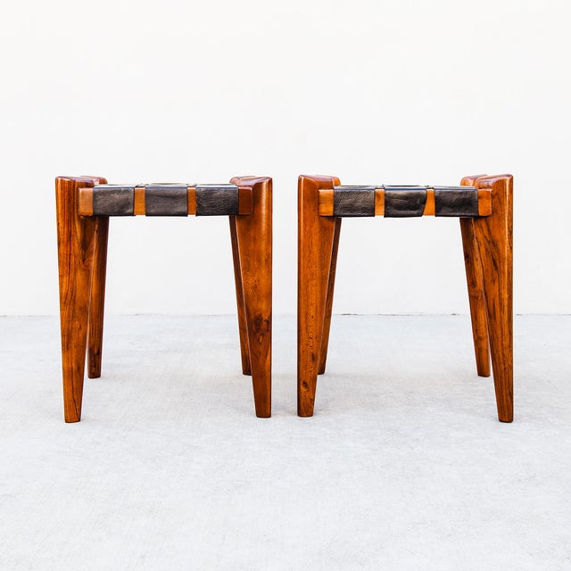 Mid-Century Modern Vintage 1960s Sculptural Stools in Solid Teak & Saddle Leather Attributed to Edmond Spence For Sale - Image 3 of 15