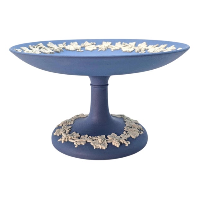 Wedgwood Blue Jasperware Grapevine Pedestal Compote Dish England Classical Relief 6" For Sale