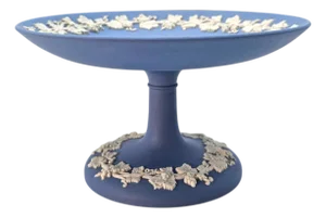 Wedgwood Blue Jasperware Grapevine Pedestal Compote Dish England Classical Relief 6"