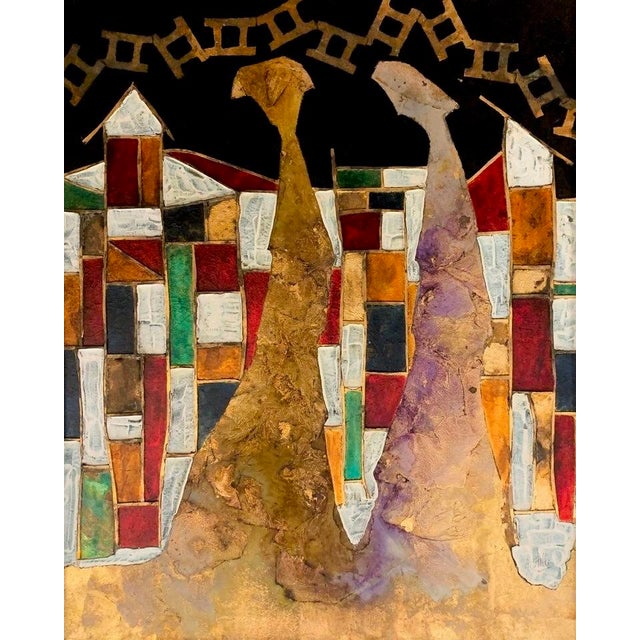 Figures pass through a passage rendered in cool charcoal and steel gray, the palette set against Stella's gold leaf ground...
