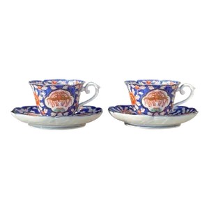 1920s Antique Japanese Imari Porcelain Teacups and Saucers Set- 4 Pieces
