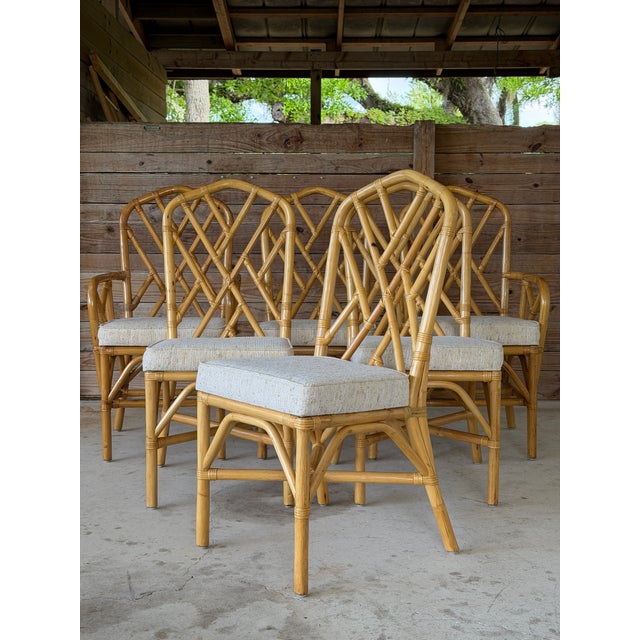 1980s Set of Six Vintage Boho Rattan Dining Chairs With Chippendale Style Lattice Backs For Sale - Image 5 of 12