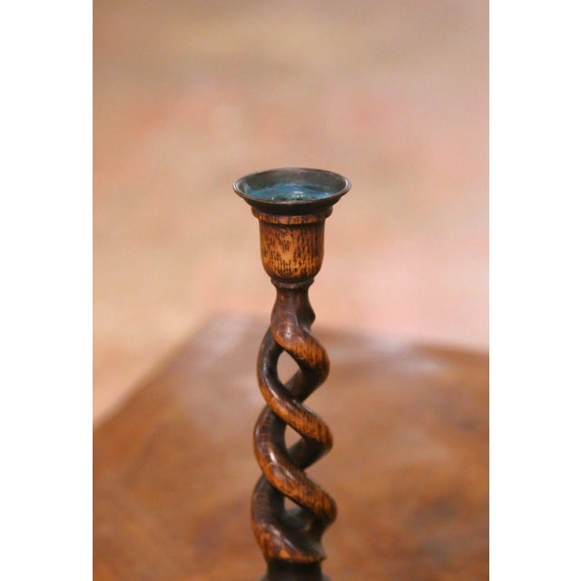 English Pair of Early 20th Century English Barley Twist Oak Candlesticks With Brass Cups For Sale - Image 3 of 8