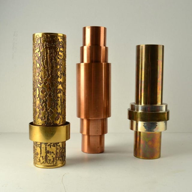 Sculptural Brass Cylinder Vases, Germany, 1970s, Set of 3 For Sale - Image 4 of 13