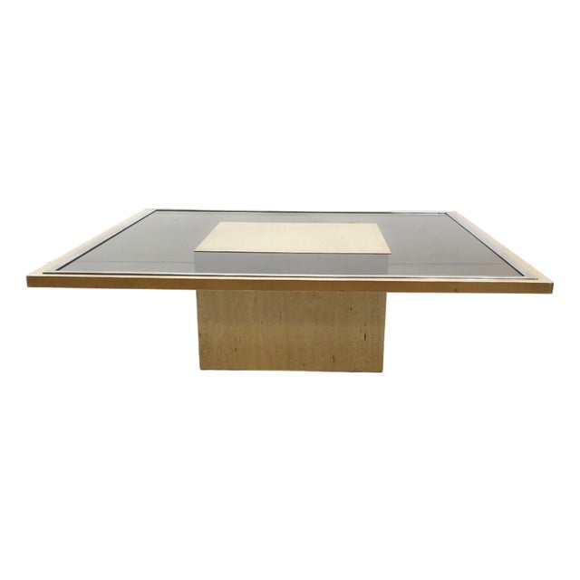 Brass and Travertin Coffee Table by Georges Mathias, Belgium, 1970s For Sale