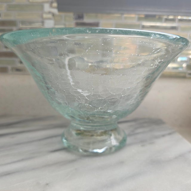 Mid-Century Modern Monte Dunlavy Blenko Hand-Blown Crackle Glass Pedestal Bowl- Stamped Signature For Sale - Image 3 of 10