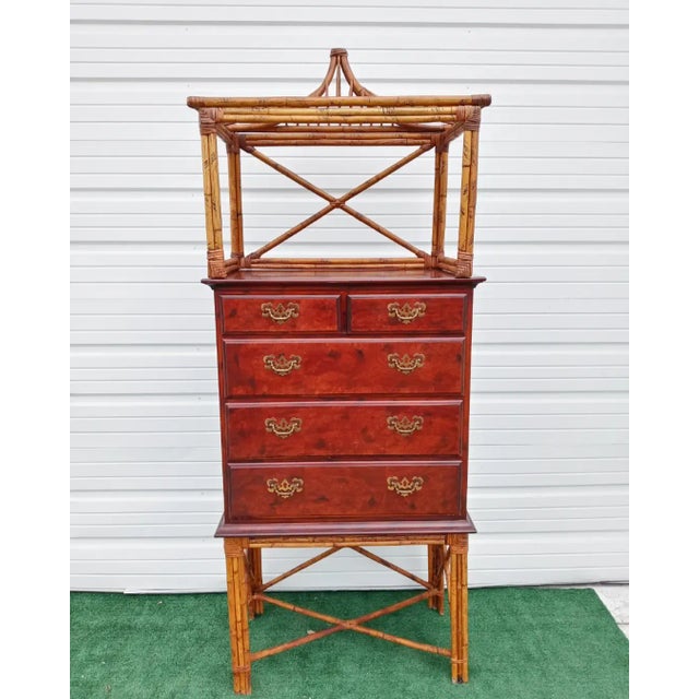 Vintage Bamboo Pagoda Top 5 Drawer Mahogany Chest of Drawers Dresser For Sale - Image 13 of 13