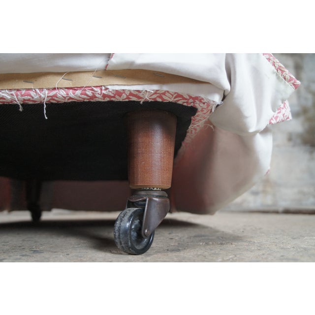 Pink 1980s Vintage Boho Chic Pink Bamboo Leaf Upholstered Ottoman Footstool Rolling For Sale - Image 8 of 9