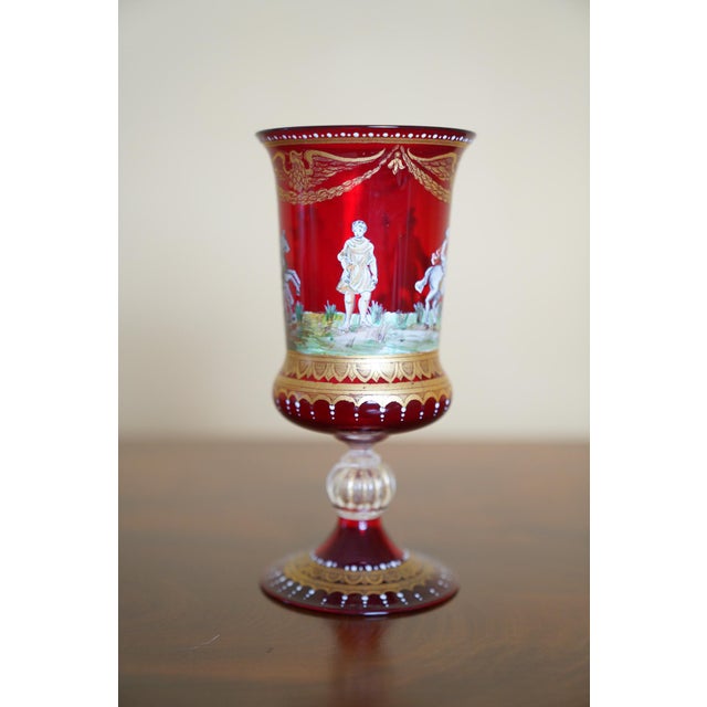Italian Vintage Italian Murano Hand Enameled Ruby Glass Chalice For Sale - Image 3 of 9