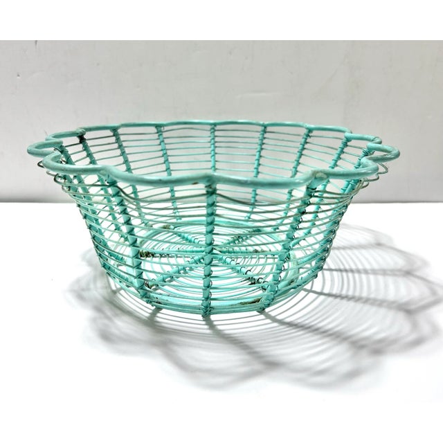 1920s Vintage Turquoise Wire Egg Gathering Basket - Farmhouse Metal Flower Form Bowl For Sale - Image 5 of 8