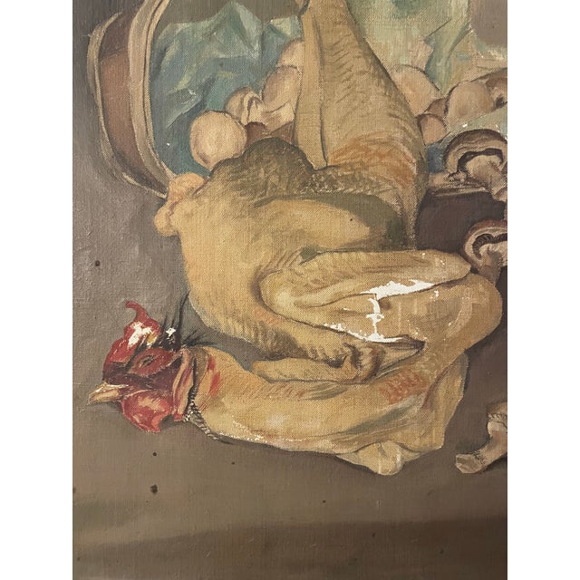 A wonderful somewhat surreal still life of a chicken and basket of mushrooms. Beautifully painted oil on canvas in very...