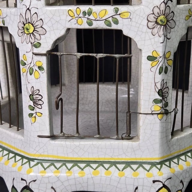 Mid-Century Modern Vintage 18" Italian Majolica Pagoda Birdcage With Birds – Crackle Glaze Florals For Sale - Image 3 of 14