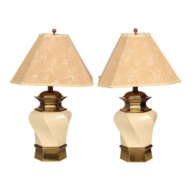 Stiffel Brass and Ceramic Pair of Vintage Hexagonal Table Lamps For Sale