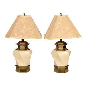 Stiffel Brass and Ceramic Pair of Vintage Hexagonal Table Lamps