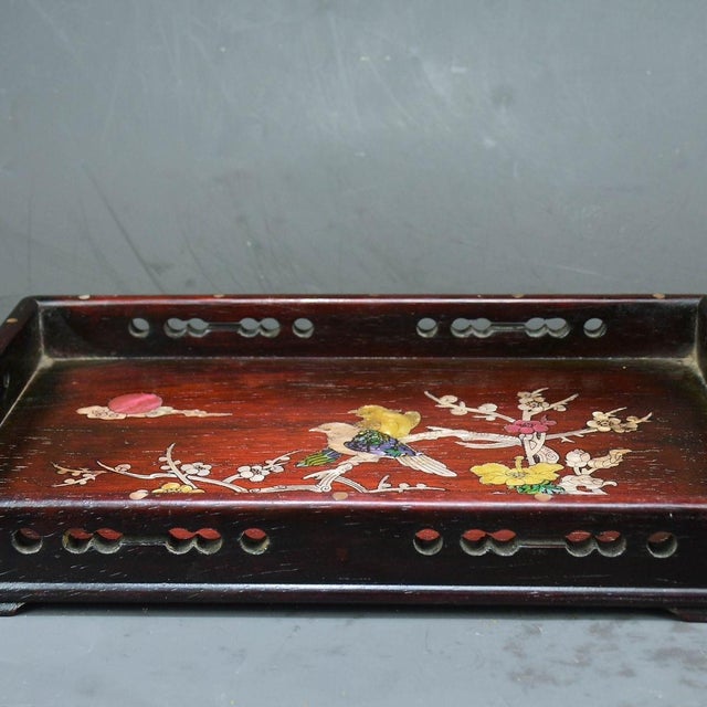 Wood Wooden Tea Tray With Mother-of-Pearl Bird and Floral Inlay For Sale - Image 7 of 9