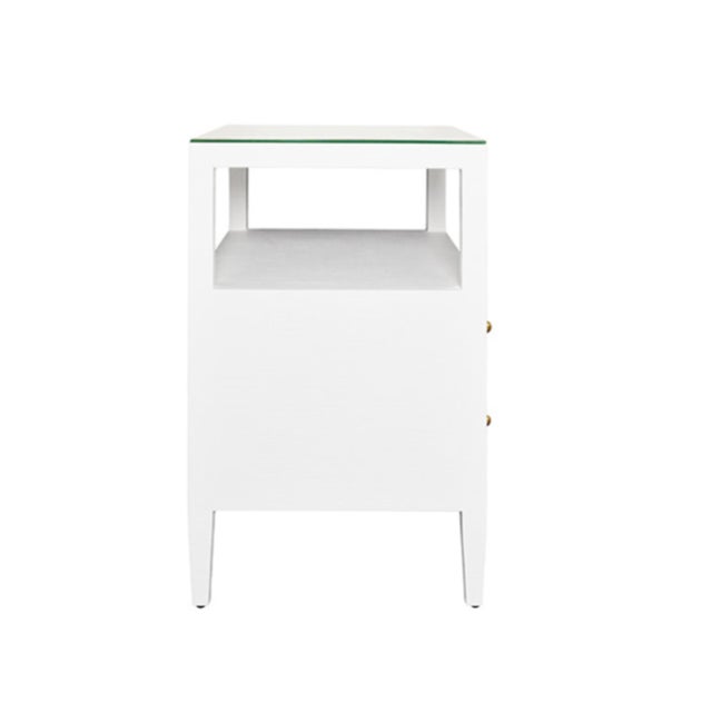 Worlds Away Matthew Izzo Home Douglas Textured White Linen Two Drawer Side Table With One Open Shelf, Glass Top and Polished Brass Knobs For Sale - Image 4 of 6