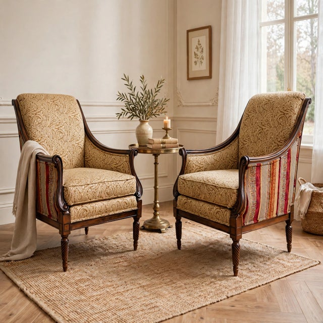 This sophisticated pair of Drexel Heritage armchairs represents the pinnacle of American furniture craftsmanship, blending...