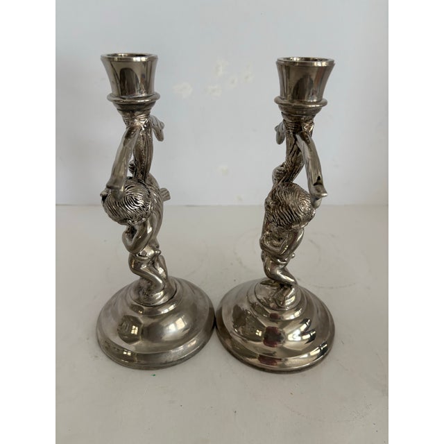1930s Pair of Antique Silver-Plated Cherub Figural Candlesticks, Circa 1930s Romantic Classical Revival Baroque Inspired For Sale - Image 5 of 10