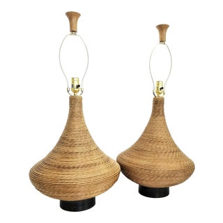 Restored Gabriella Crespi Style Large Pencil Reed Table Lamps - a Pair - Mid Century Modern Palm Beach Boho Chic Wicker Rattan Seagrass For Sale