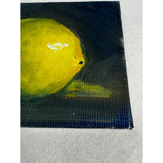 Dark Green Vintage Traditional Dutch Sill Life ‘Lemon’ Small Original Oil Painting in Ink Blue, Yellow, Dark Green For Sale - Image 8 of 11