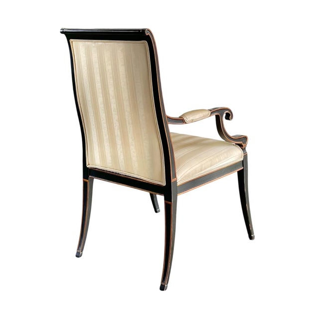 Chinoiserie Vintage Regency Style Chinoiserie “Royal Pavilion” Dining Arm Chairs in Black Lacquer by Karges - Set of 4 For Sale - Image 3 of 10