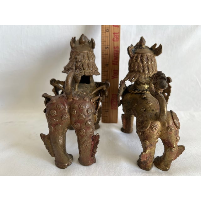 Vintage Bronze Foo Dogs on Wooden Stand - 3 Piece Set For Sale - Image 10 of 16