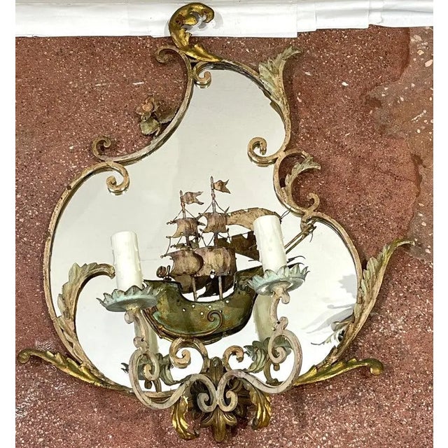 Early 20th Century A Antique Venetian Tole & Mirrored Ship Motif Sconces - a Pair For Sale - Image 5 of 11
