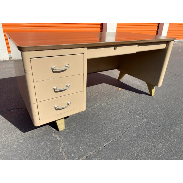 Vintage mid century modern Cole steel metal desk . Hard to find Single pedestal computer desk wood veneer Formica top...