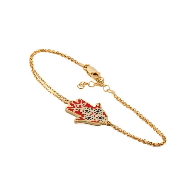 Red Enamel Floral Hamsa Hand Gold Vermeil Chain Bracelet For Sale In Miami - Image 6 of 8