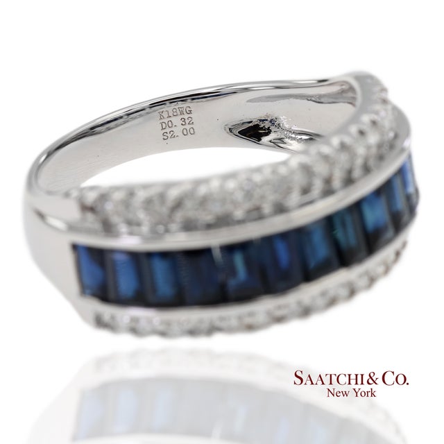 Blue 18k 750 Solid White Gold Natural Diamond and Natural Sapphire Band Ring, Size 7 For Sale - Image 8 of 11